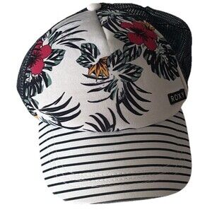 ROXY Trucker Hat Snap Back Mesh Beach Summer Floral Stripes Surf Vibes Cap Y2K